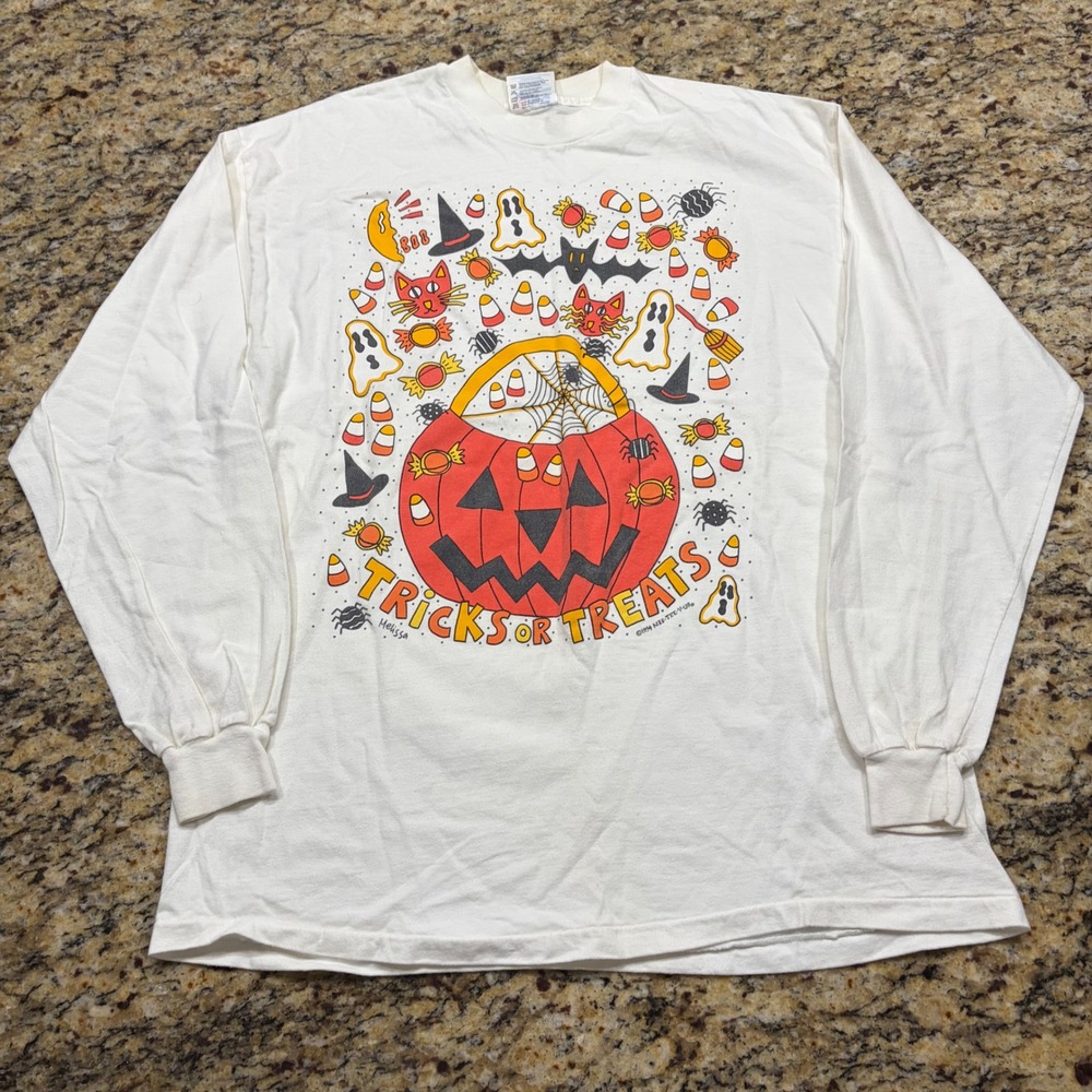Vintage 1994 Beefy-T Halloween Tricks or Treats Long Sleeve Shirt White L ws